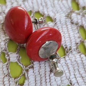 Vintage Screw  Red Button Earrings  